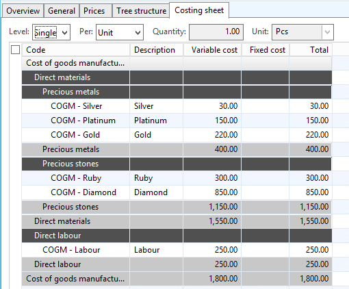 Costing sheet tab showing aggregated cost
