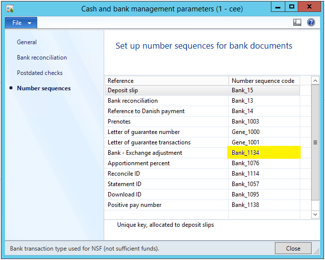 Cash and bank management parameters > Number sequences tab > Bank - Exchange adjustment