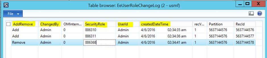 Records created in table EeUserRoleChangeLog after changing role memberships for a user