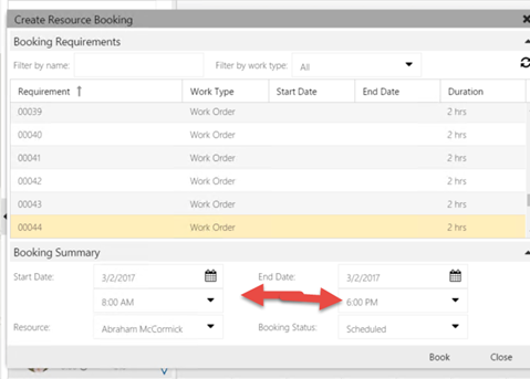 Time component in Create Resource Booking dialog box