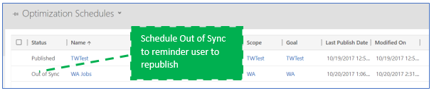 Modify the status of optimization schedule to indicate setup not in sync