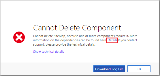 Details link in the Error dialog box for solution component dependencies