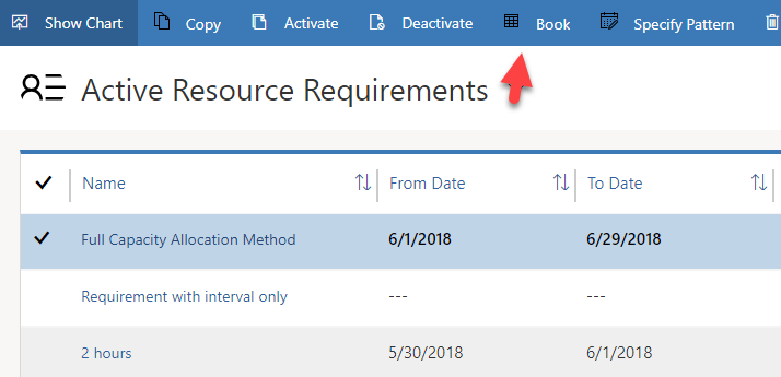 Image of “Book” on ribbon of requirement view with one requirement selected