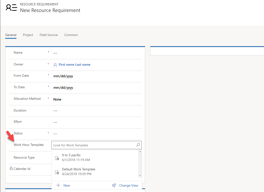 Image of resource requirement form with work hours template field displayed