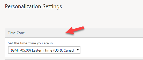 Image of time zone setting in Dynamics 365 personalization settings