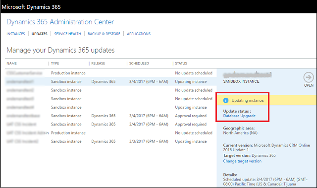 Microsoft Dynamics 365 Admin Center Updates tab