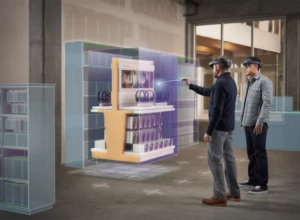Two men using Microsoft Dynamics 365 Layout in a retail space. Contains hologram scenario.
