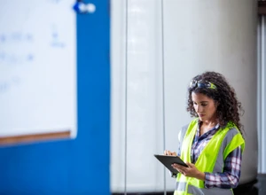 Female worker wearing neon vest and safety glasses using tablet.