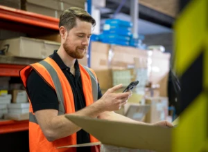 Man wearing an orange vest in a manufacturing or warehouse who appears to be doing inventory or looking at something in a box and messaging about it on his phone in Microsoft Teams. Key words: tele conferencing, cloud calling, Microsoft Teams, meeting, conference call, phone system, video system, Business Voice, Manufacturing, Firstline Worker, Delivery, Tracking
