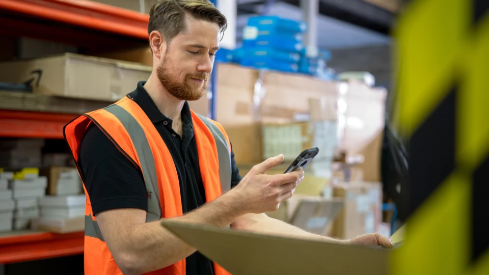 Man wearing an orange vest in a manufacturing or warehouse who appears to be doing inventory or looking at something in a box and messaging about it on his phone in Microsoft Teams. Key words: tele conferencing, cloud calling, Microsoft Teams, meeting, conference call, phone system, video system, Business Voice, Manufacturing, Firstline Worker, Delivery, Tracking