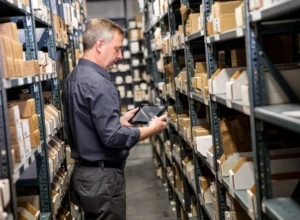 Male employee in warehouse storage room holding a tablet in one hand and small item in the other. He is standing between metal warehouse racks filled with pacakges.