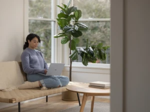 Adult female sitting on couch inside working on Surface Laptop 3