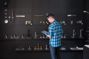 Male millenial using Surface Pro and Surface Pen, standing in front of faucet display wall in a kitchen and bath showroom.
