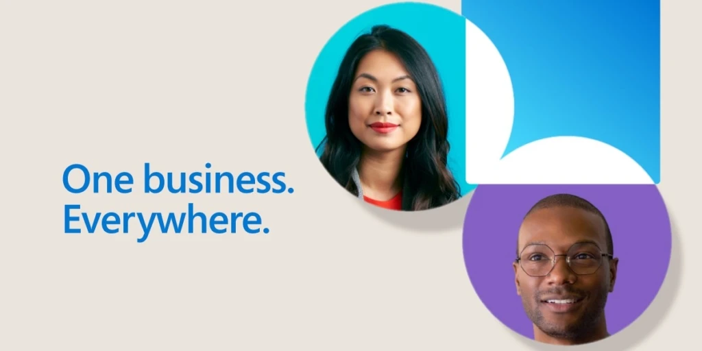 Image reads: "One business. Everywhere" and shows the faces of two smiling people.