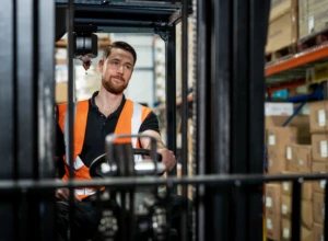 Person in warehouse driving forklift