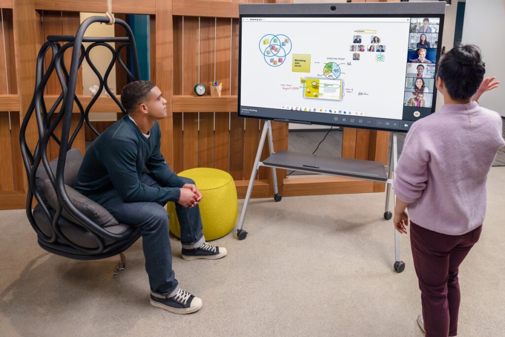 Two people using Whiteboard to collaborate with a remote team on a Neat Board Ideation Board. Includes a robust / build out Whiteboard on Together View.​