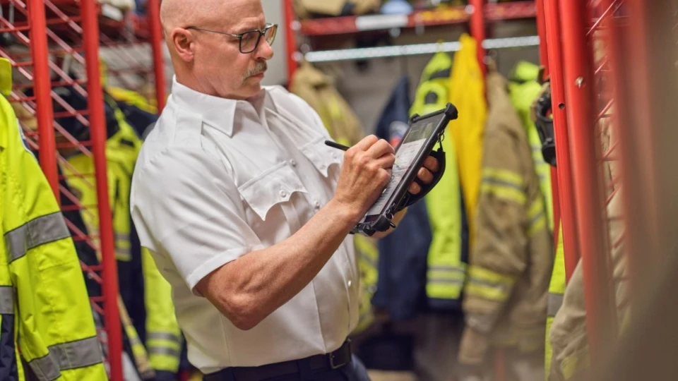 Male firefighter taking equipment inventory using a Surface Go 3 with ruggedized case with Dynamics 365 on the screen.