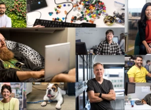 Composite photos of people and workspaces.