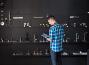 Male millennial using Surface Pro and Surface Pen, standing in front of faucet display wall in a kitchen and bath showroom.