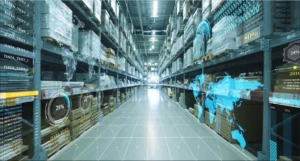Warehouse with AR overlay showing maps and data
