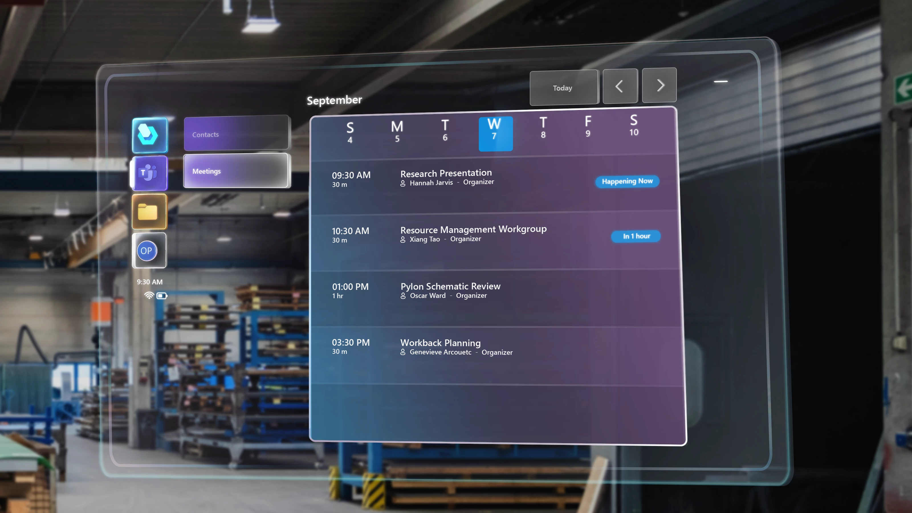 A holographic calendar view showing all meetings for a particular day as selectable buttons which can be used to join a Microsoft Teams meeting from within Dynamics 365 Guides on HoloLens 2.