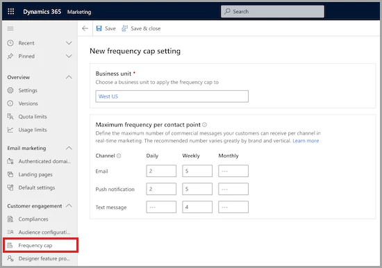 Screenshot of the email frequency cap settings in Dynamics 365 Marketing.