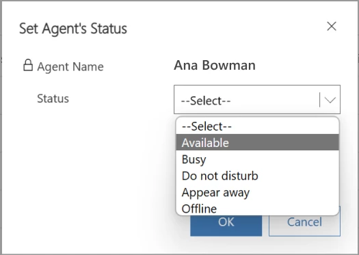 Agent status drop down menu with agent set to available