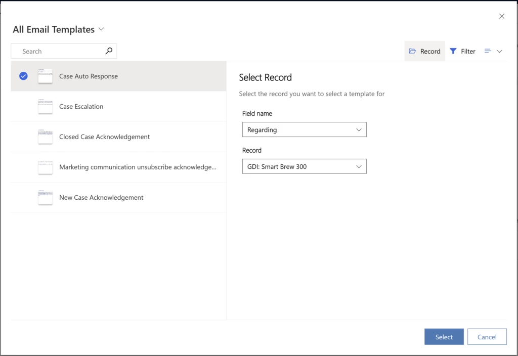 All Email Templates screen showing a selected template and fields to select the record you want to select the template for