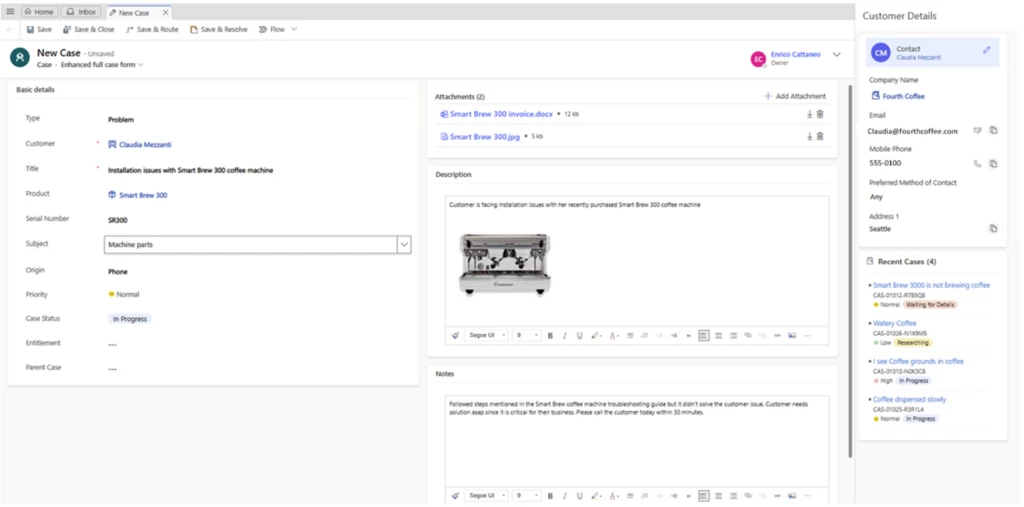 Enhanced full case form in Customer Service workspace with attachments and notes