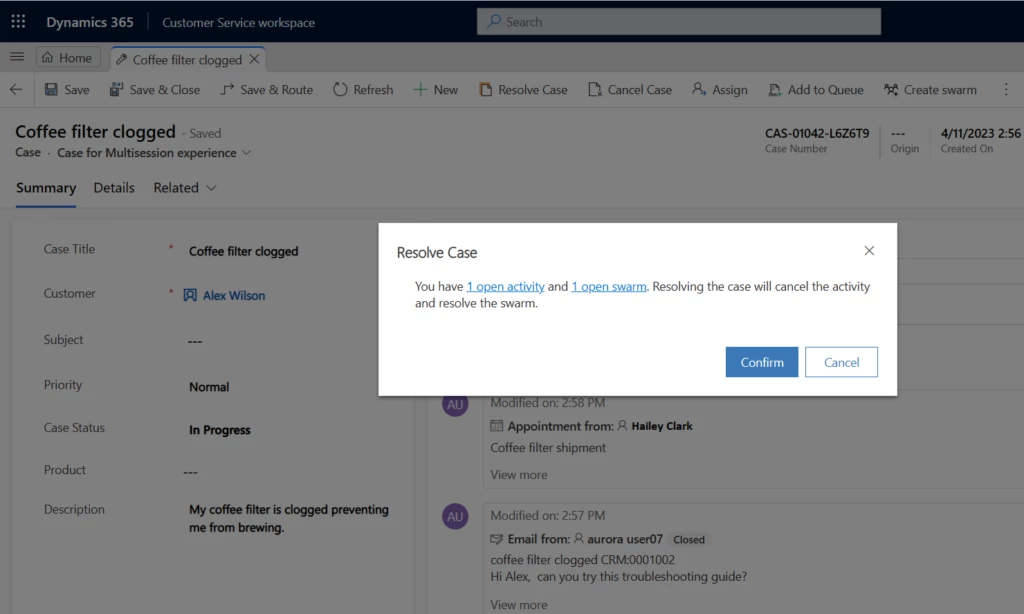 Pop-up window in Dynamics 365 Customer Service to enable the agent to resolve a case and the associated swarm
