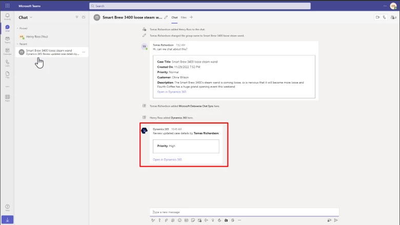 Microsoft Teams chat showing an update to the priority of a linked case
