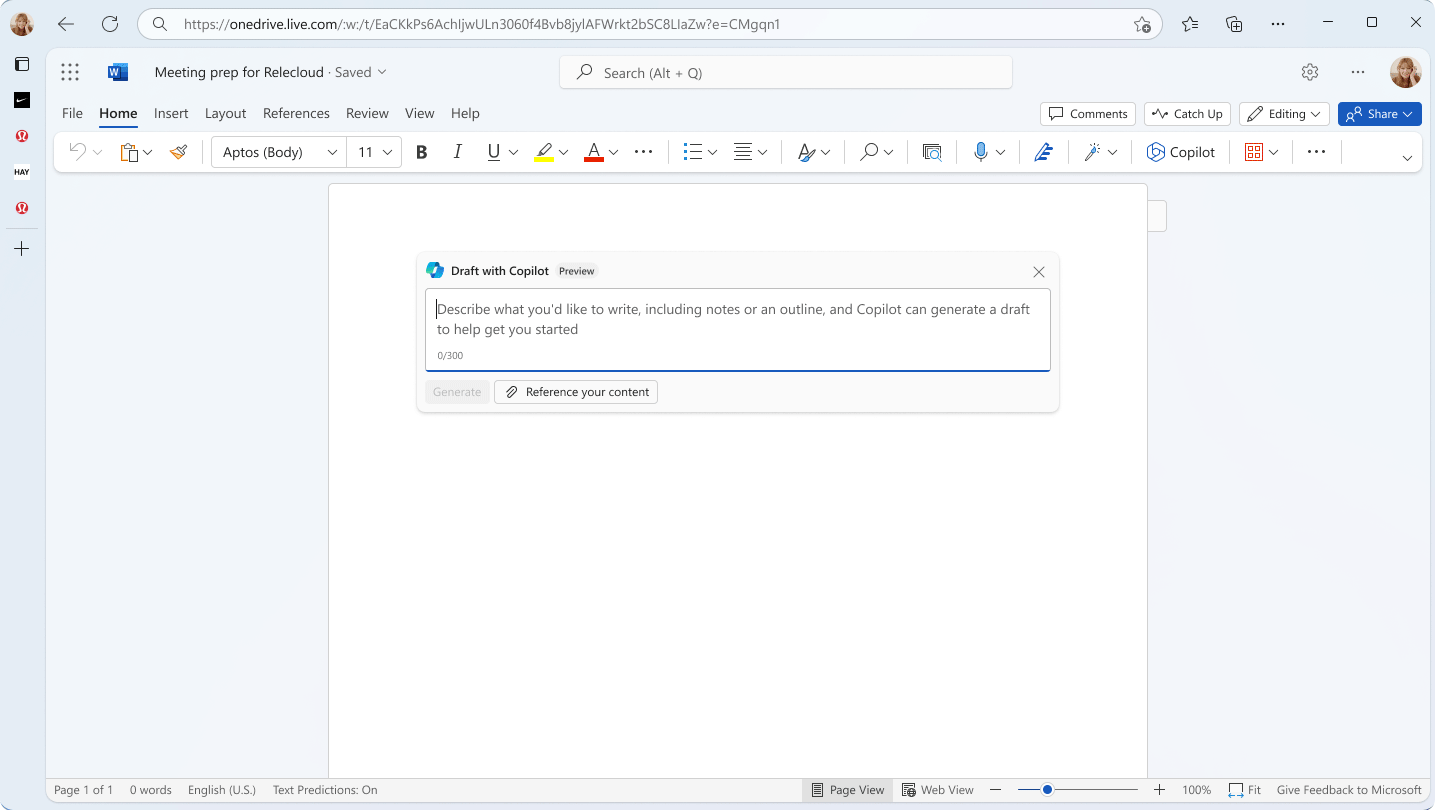 GIF depicting prompting Copilot to create a meeting preparation brief in Microsoft Word.