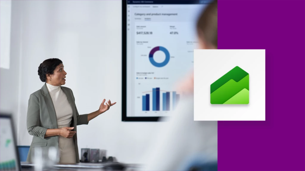 Custom creative template including a photo of a woman standing, giving a presentation. The image includes an overlay of the Microsoft Dynamics 365 Finance logo on the right.