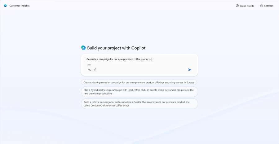 Copilot screen in Dynamics 365 Customer Insights, showcasing a user-friendly interface empowering customers to initiate and streamline their marketing projects effortlessly.