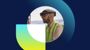 Colorful graphic design including a photo of a field service employee.