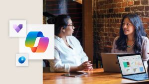 Image incorporating the icons for Copilot, Dynamics 365 Sales, and Dynamics 365 Customer Services, and incorporating a photograph of a people sitting at a table with a laptop