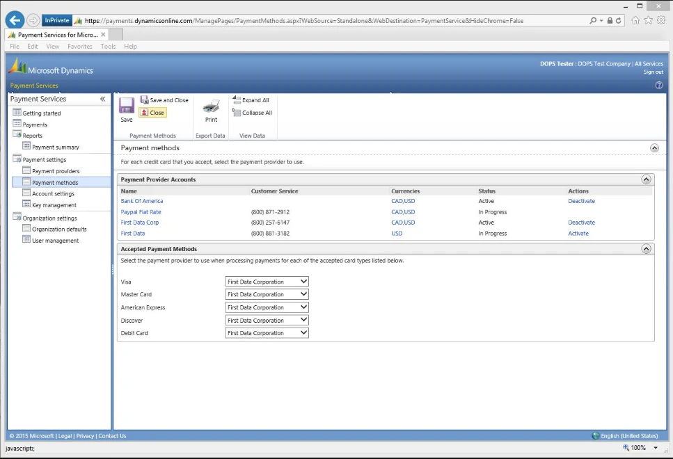Screen capture of Dynamics Online Partner portal where the Merchant account information is received from First Data