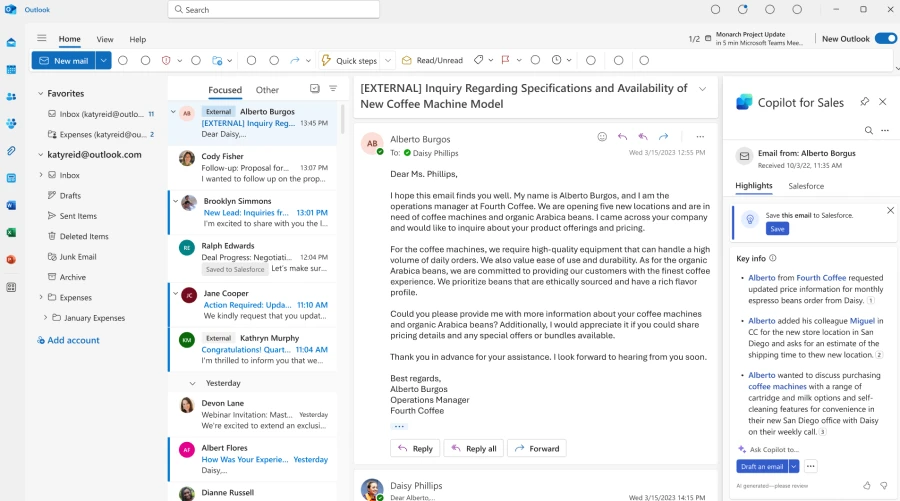 Product image of email summary with key sales information in Outlook.