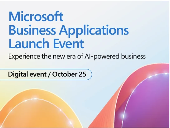 Microsoft Business Applications Launch Event promotional banner with graphic background