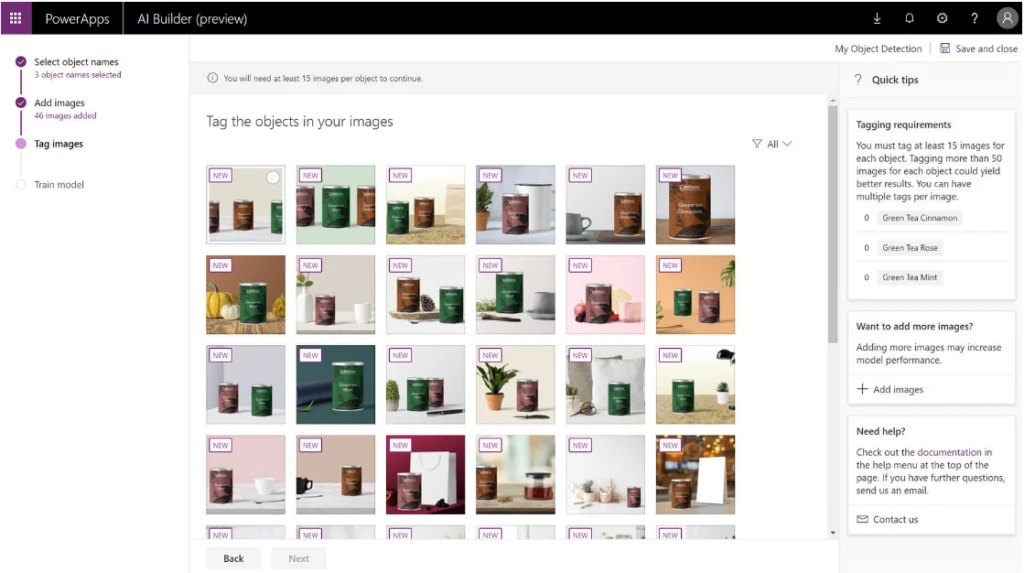 Screen capture of the PowerApps AI Builder preview