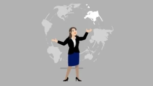 Das Bild zeigt eine Grafik mit einer Frau, die mit den Umrissen der Kontinente jongliert
