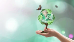 Das Bild zeigt zwei Hände vor einem grünen Hintergrund, die einen Bonsai-Baum tragen. Die Baumkrone wurde durch ein Recycling-Zeichen ersetzt, auf dem ein Schmetterling Platz genommen hat.