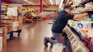 Ein Arbeiter räumt im Supermarkt ein Kühlregal ein.