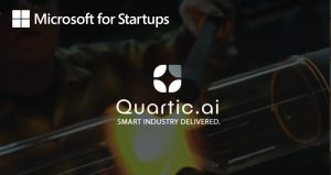 A man welding an object as the background with name of company mentioned and "Microsoft for Startups"