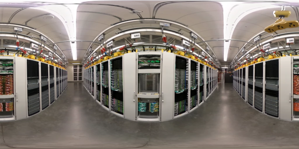 360 view of datacenter interior with cold aisles (storage & compute) on either side