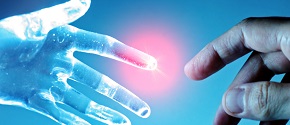 Artificial robot hand touch human hand