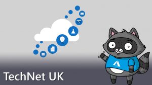 An image of a cloud, surrounded by images of different cloud services, with a picture of Bit the Raccoon to the right.