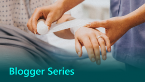 Blogger series thumbnail showing a doctor wrapping patient's wrist in a bandage.