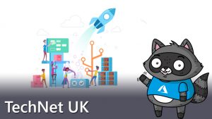 An abstract picture of a rocket ship launching off to represent Azure, next to a picture of Bit the Raccoon.