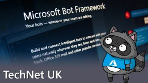 A photo of the Microsoft Bot Framework website, with a picture of Bit the Raccoon standing on the right.